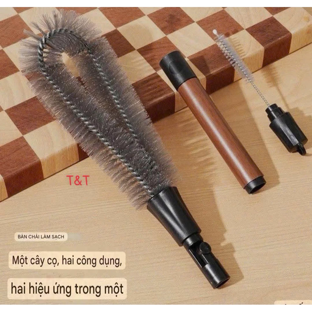 Chổi Cọ Vệ Sinh Máy Xay Đa Năng 2 Trong 1, Cán Gỗ Đầu Sợi Mềm Thiết Kế 90° Làm Sạch Ấm Điện, Bình Sữa, Cốc Chén Tiện Lợi