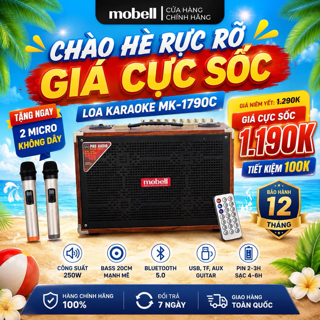 Loa Karaoke Xách Tay Mobell MK-1790C Bluetooth 250W Bass 20cm Kèm 2 Micro Không Dây Loa Di Động