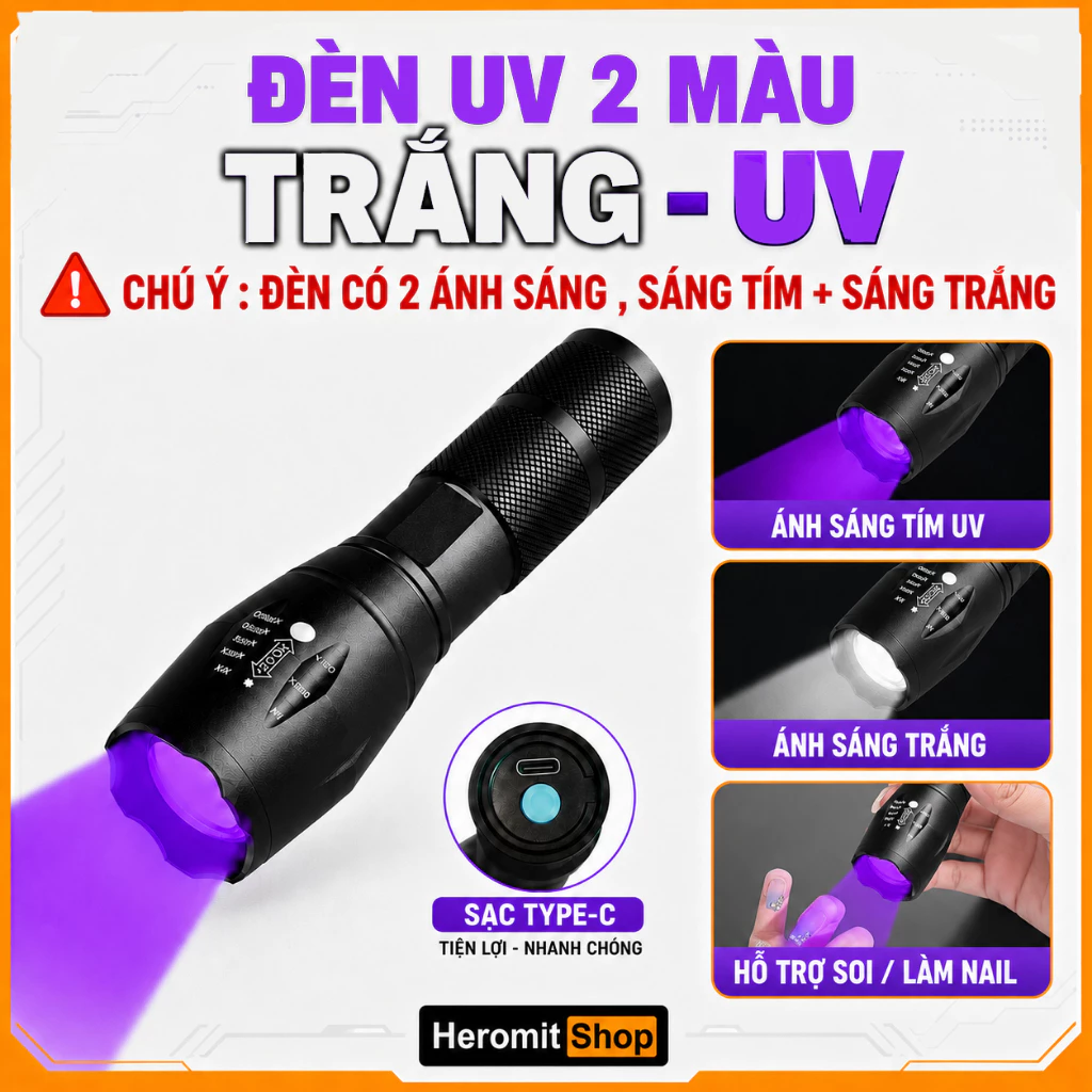Đèn Tia Cực Tím 2 màu Trắng - UV đèn UV cổng sạc Type-C UV-2 ( tặng thẻ UV )