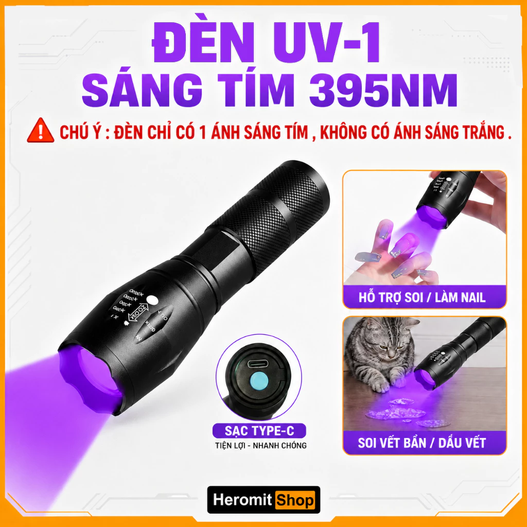 Đèn Tia Cực Tím 1 Màu , Đèn UV 395nm cổng sạc Type-C UV-1 ( kèm thẻ UV )