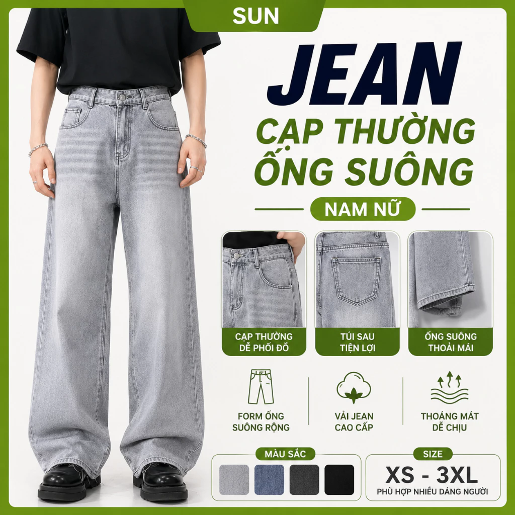 Quần jean ống rộng nam nữ unisex SUN T9 Wash xám trắng màu sắc đa dạng, cạp thường hách dáng phong cách hàn quốc