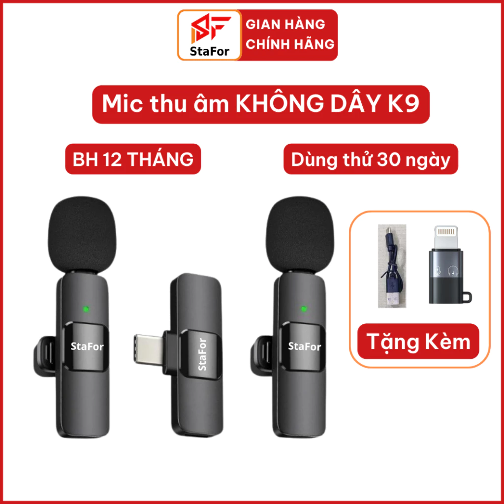 Micro Thu Âm Không Dây Cài Áo K9, Lọc Tiếng Ồn, Thu Âm, Livestreamm Quay Video Cho Điện Thoại,