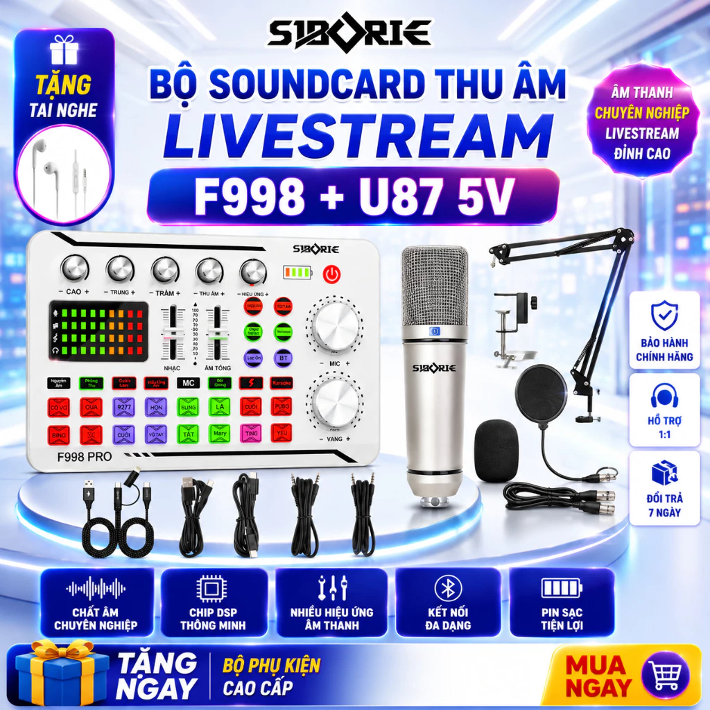 Soundcard F998 + Mic U87-5V Thu Âm Livestream Hát Karaoke Dùng cho điện thoại , máy tính , có h