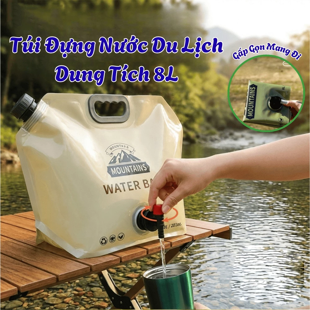 Túi đựng nước gấp gọn di động 8L dung tích lớn, thích hợp cho lễ hội âm nhạc, du lịch ngoài trời, cắm trại, có vòi