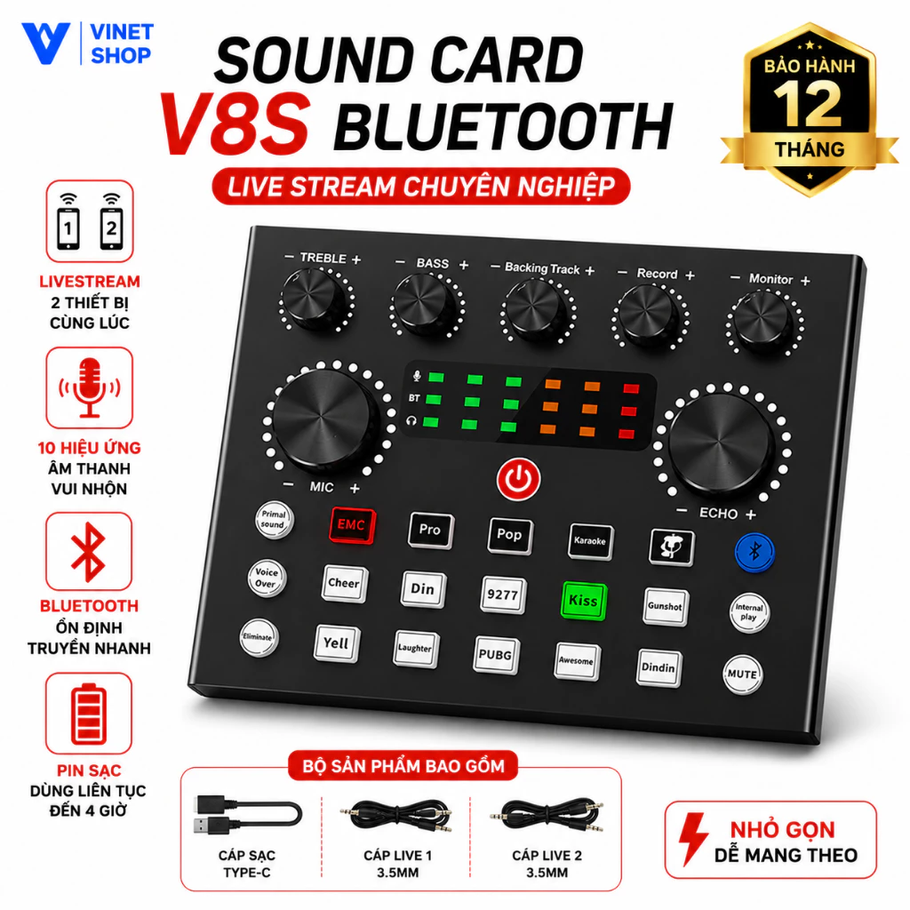 Sound card V8S Pro kết nối bluetooth có autotune dành cho mic thu âm, livestream