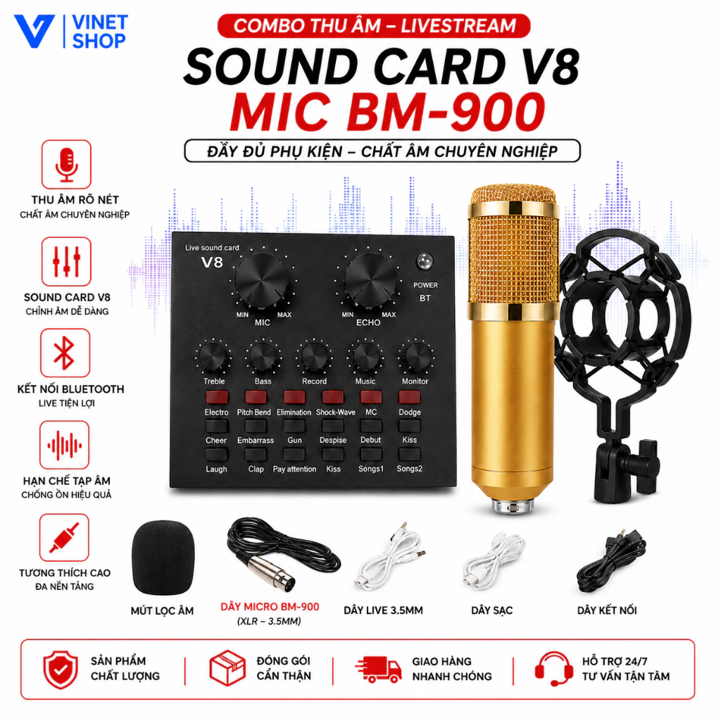 Combo soundcard V8, V8S kèm mic thu âm bm800 BM900 có autotune chuẩn phòng thu