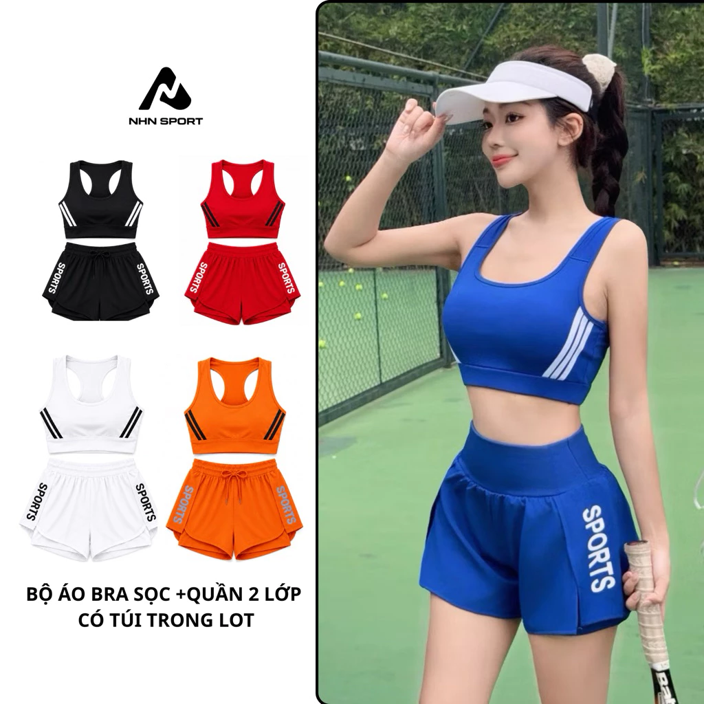 Quần áo tập gym, yoga, aerobic - nữ quần 2 lớp áo phối kẻ , chất mát co giãn 4 chiều tặng kèm mút  ( quần có túi )