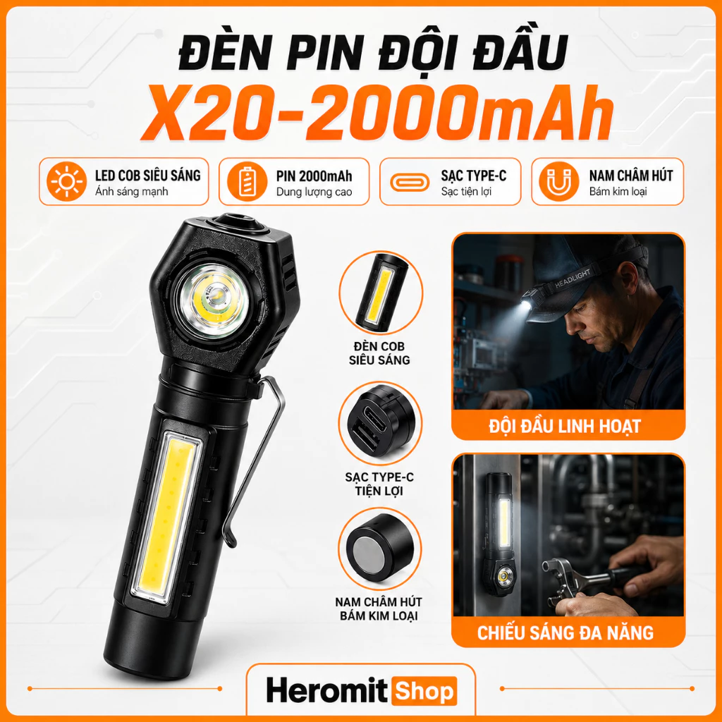 Đèn pin đội đầu X20 nhỏ gọn , có nam châm hít , pin dung lượng cao