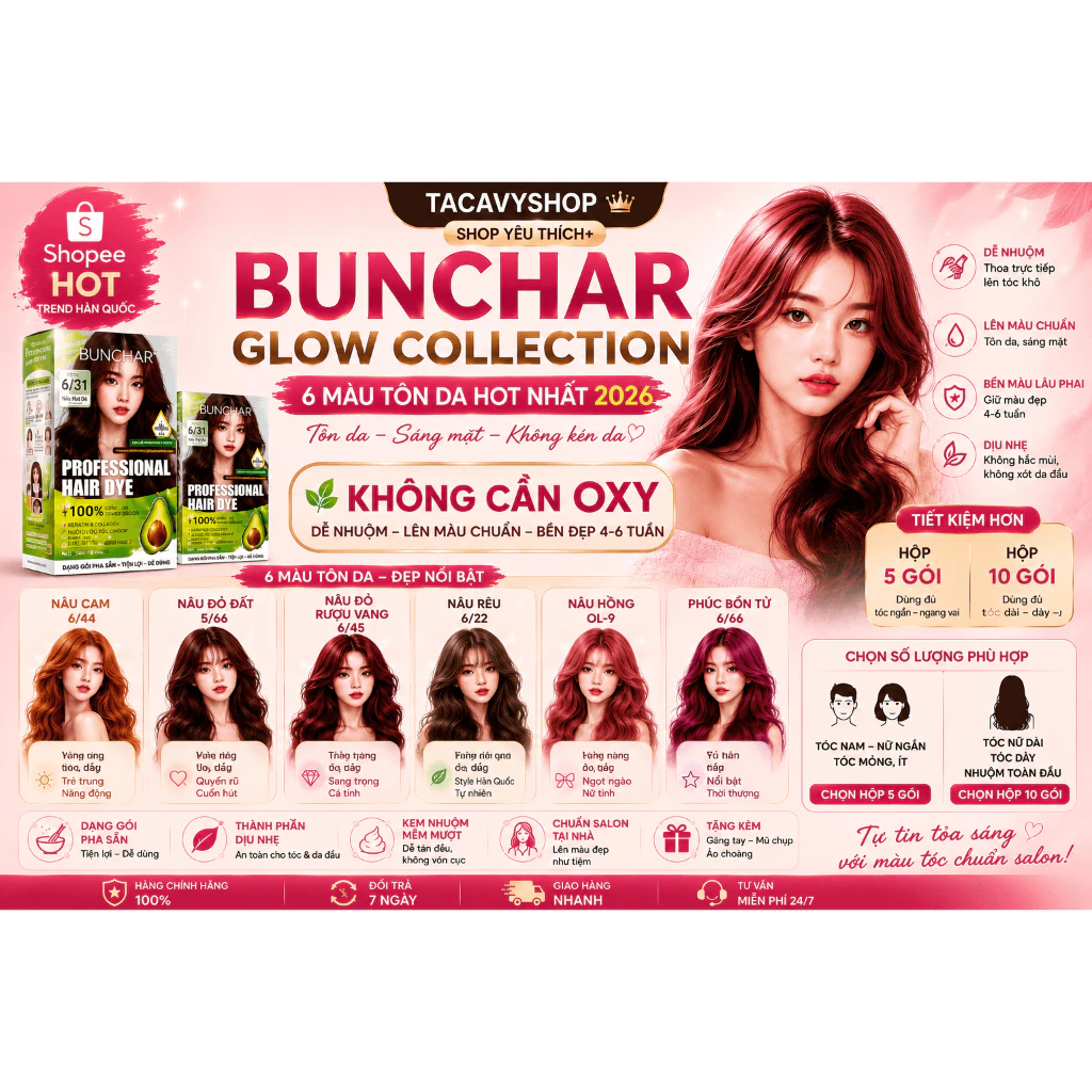 Thuốc Nhuộm Tóc BUNCHAR Màu Tôn Da Hot Trend | Nâu Hồng, Nâu Cam, Nâu Rêu, Đỏ Rượu | Không Cần Oxy | Salon Tại Nhà