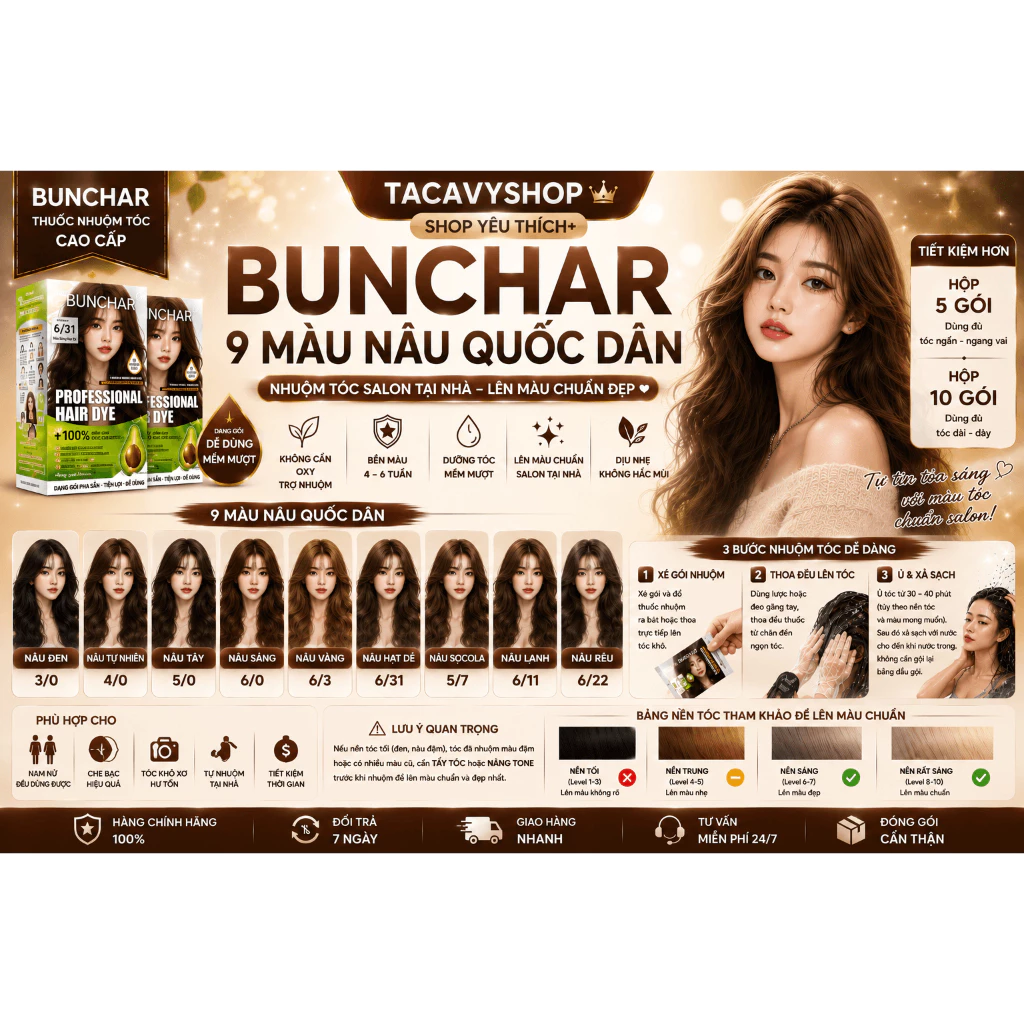 Thuốc Nhuộm Tóc BUNCHAR 9 Màu Nhuộm Nâu Quốc Dân,Nhuộm Không Cần Oxy– Che Bạc – Nhuộm Salon Tại Nhà