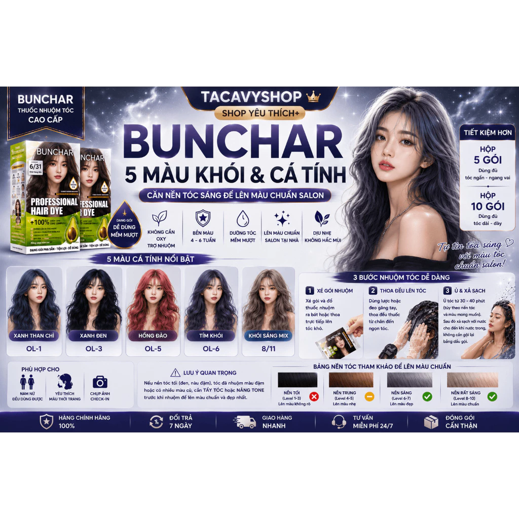 Thuốc Nhuộm Tóc BUNCHAR 5 Gói/10 Gói | Màu Khói, Tím Khói, Xanh Than Chì, Hồng Đào, Xanh Đen | Nhuộm Salon Tại Nhà | Khô