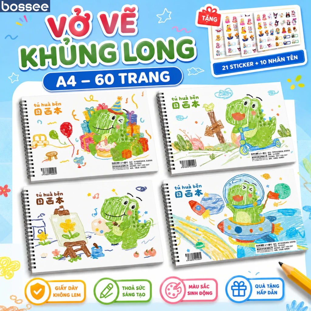 [Tặng Kèm Sticker] Vở Vẽ Khủng Long A4-60 Trang Bossee, Sổ Phác Thảo Gáy Lò Xo