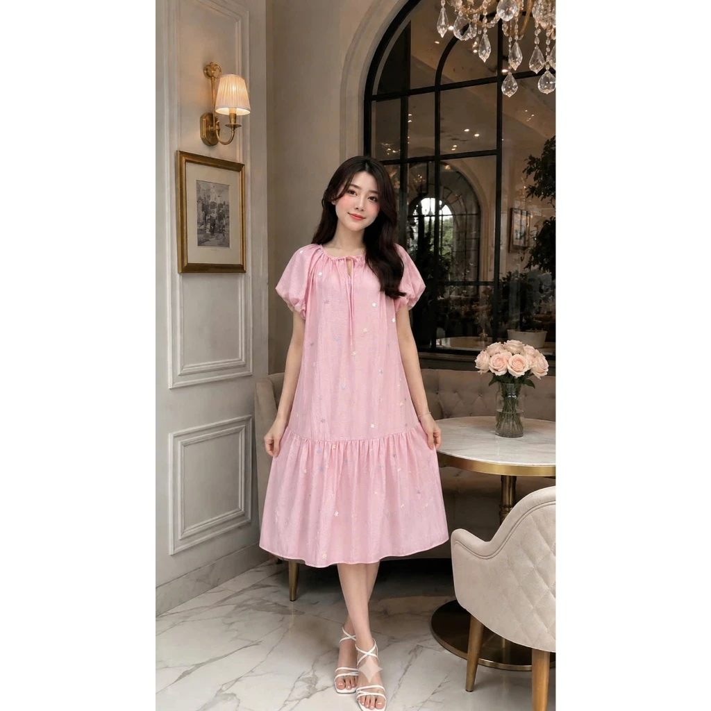 Váy babydoll thêu hoa, chất liệu Line cao cấp, mềm mịn và mát LC05