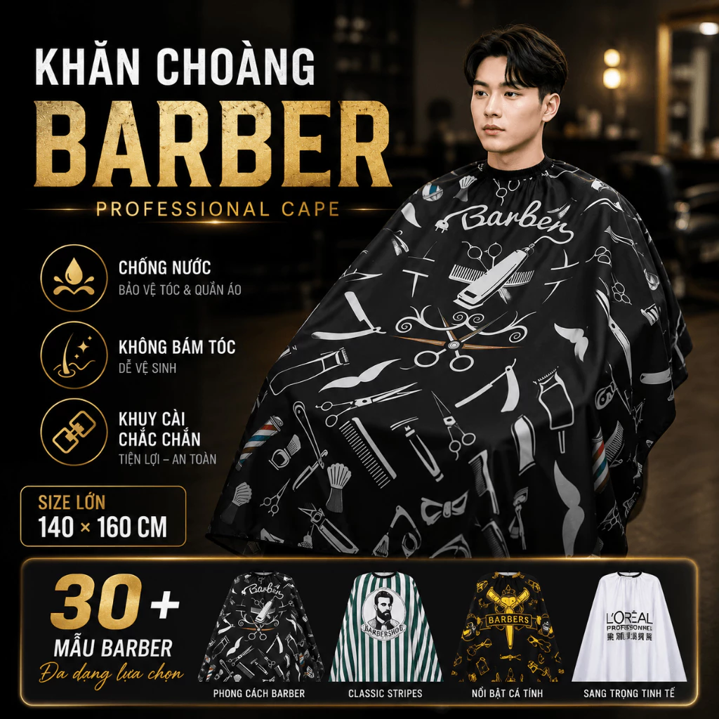 Áo Choàng Cắt Tóc Chuyên Dụng Cho Salon,Khăn Choàng Cắt Tóc Vải Cao Cấp,Áo Cắt Có Khuy Cài Linh Hoạt