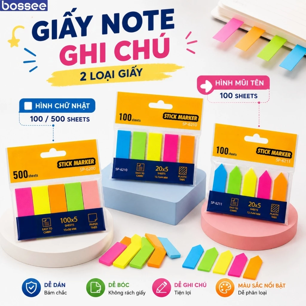 Giấy Note Ghi Chú 5 Màu Pastel, Giấy Đánh Dấu Hình Chữ Nhật/Hình Mũi Tên