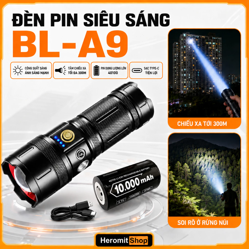 Đèn pin siêu sáng cầm tay BL-A9 zoom xa Full kim loại sạc Type-C pin trâu