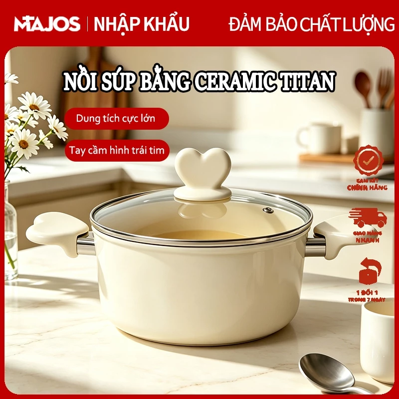 Nồi Súp Bằng Ceramic Titan Đáy Từ Cao Cấp Chảo Chống Dính 20-28cm Tay cầm hình trái tim Dùng Mọi Loại Bếp