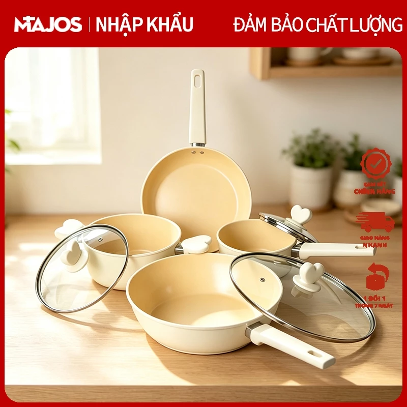 Bộ nồi ceramic titan chóng dính cao cấp 4 món, đúc nguyên khối, không PFAS/PTFE/PFOA, nấu trên mọi loại bếp