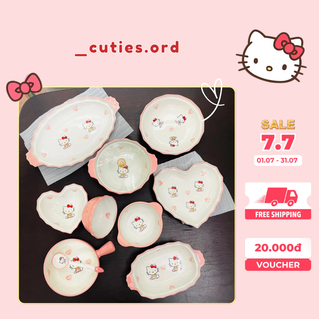 [ORDER] Bộ Bát Đĩa Gốm Sứ Decor Hello Kitty Dễ Thương Cao Cấp – Chén, Dĩa, Bát Ăn Cơm, Bát Ăn Mỳ