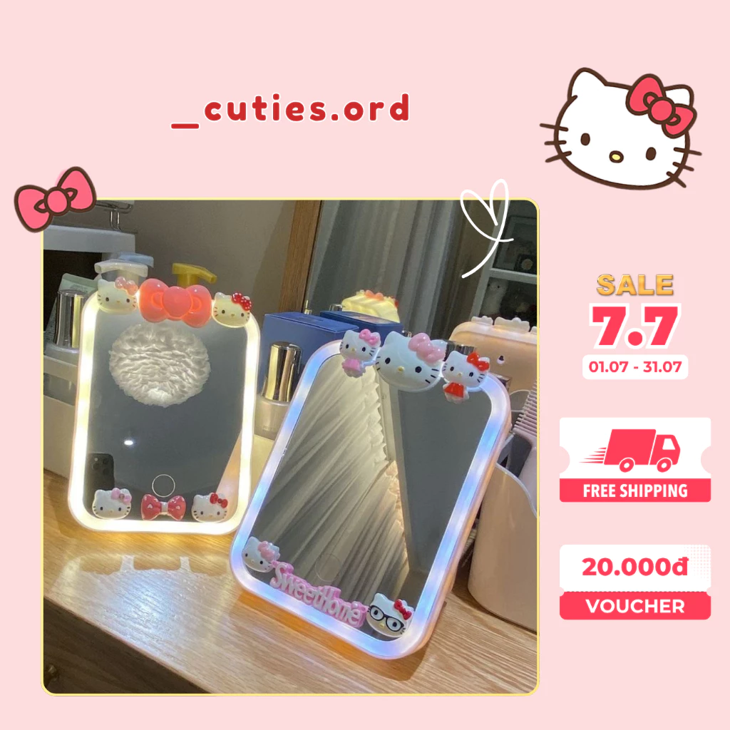 [ORDER+ Tặng Charm] Gương Để Bàn Hello Kitty Có Đèn LED Cảm Ứng | Gương Trang Điểm Cute Decor Phòng