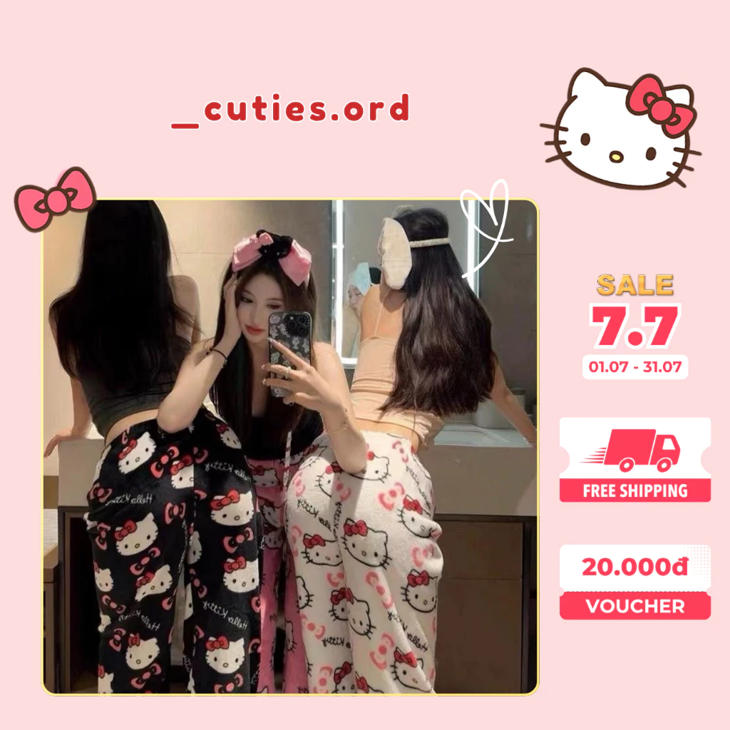 [ORDER + Ảnh Thật] Quần Bông Lông Nhung Hello Kitty – Quần Dài Dáng Rộng, Siêu Mềm Mịn, Ấm Áp