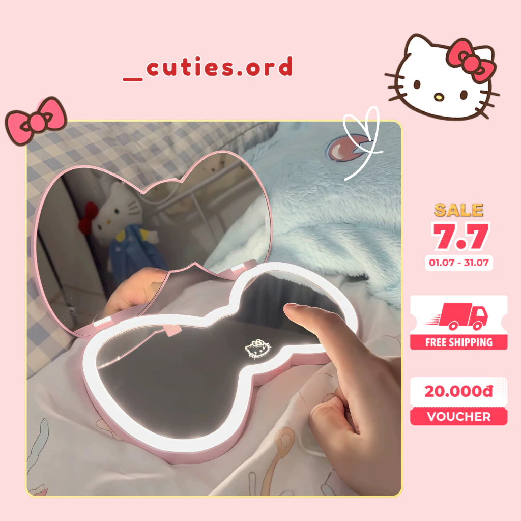 [SẴN] Gương Gấp Hình Nơ LED Hello Kitty – Gương Makeup Có Đèn Cảm Ứng,Gương Cute Để Bàn/Gấp Gọn