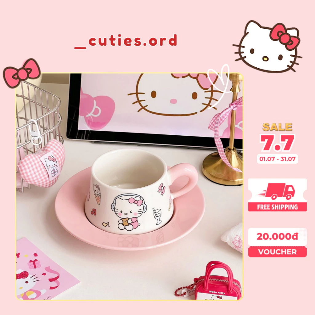 [ORDER] Bộ Bộ Tách Trà Cốc Đĩa Hello Kitty Sứ Cao Cấp – Set Uống Trà Cafe Cute Hồng Pastel