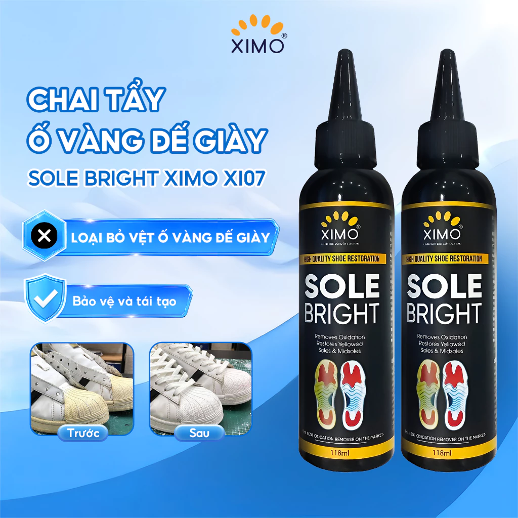Chai dung dịch tẩy ố vàng đế giày XIMO Sole Bright XI07 giúp chăm sóc đế giày trắng và mới trở lại