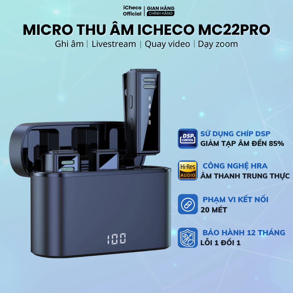 Micro thu âm MC22PRO mic không dây điện thoại cài áo khử nhiễu chống ồn nhỏ gọn ICHECO