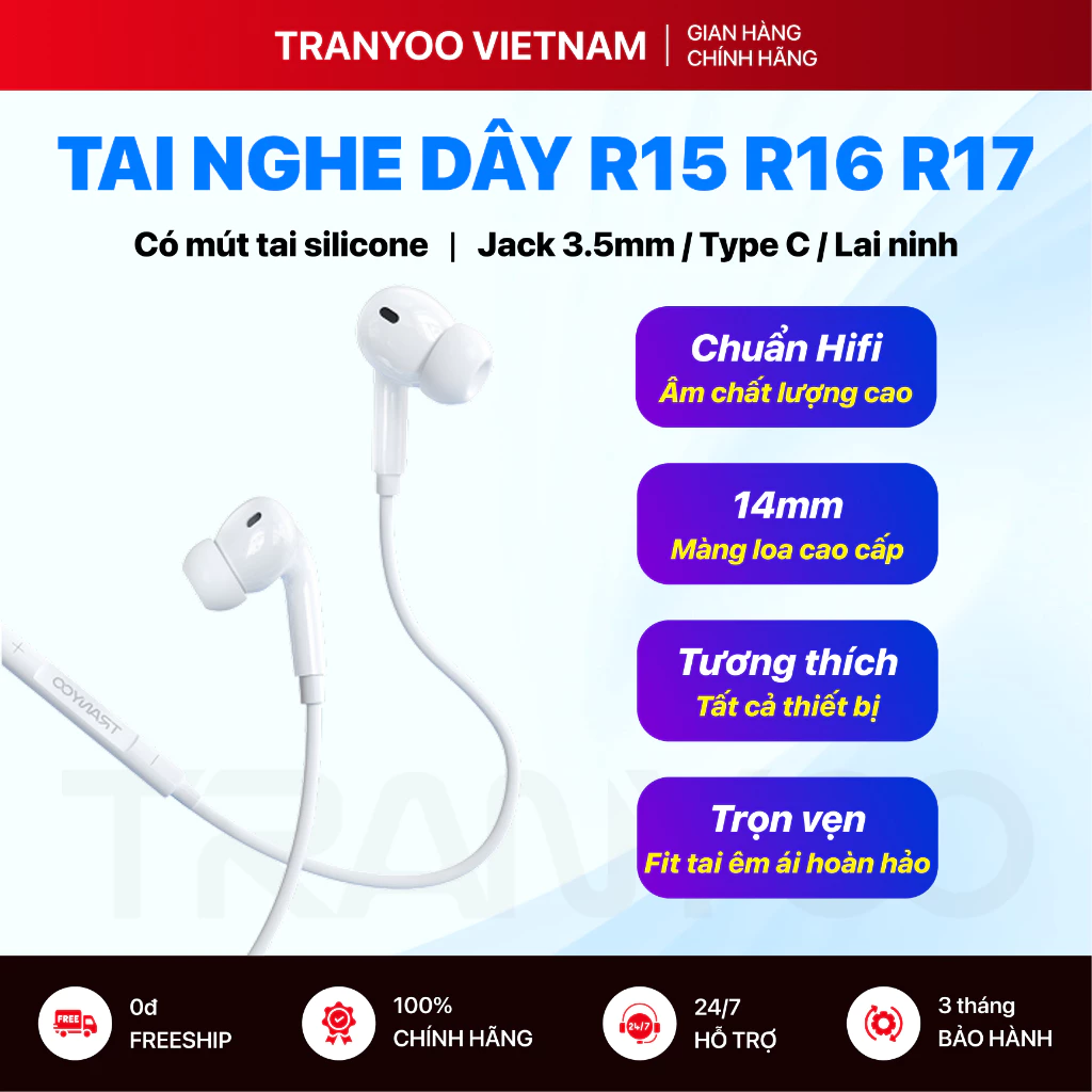 Tai Nghe Có Dây TRANYOO T-R15 R16 R17 Thiết Kế Nhét Tai Mút Silicon Gaming Học Online 3 Kiểu Ch