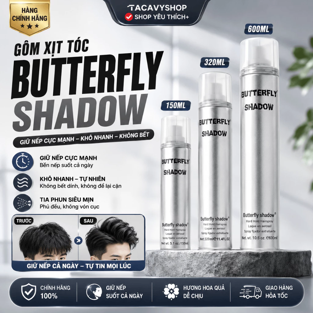 Gôm xịt tóc BUTTERFLY SHADOW 150ml 320ml 600m Chính hãng,keo xịt tóc hàng loại 1,gôm xịt tóc giữ nếp