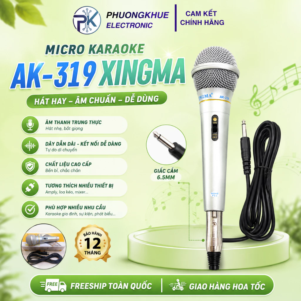 Micro Karaoke Xingma AK-319 Kèm Dây 3m, Mic Hút Giọng, Âm Thanh Ấm & Vang , Chống Hú , Jack 6.5