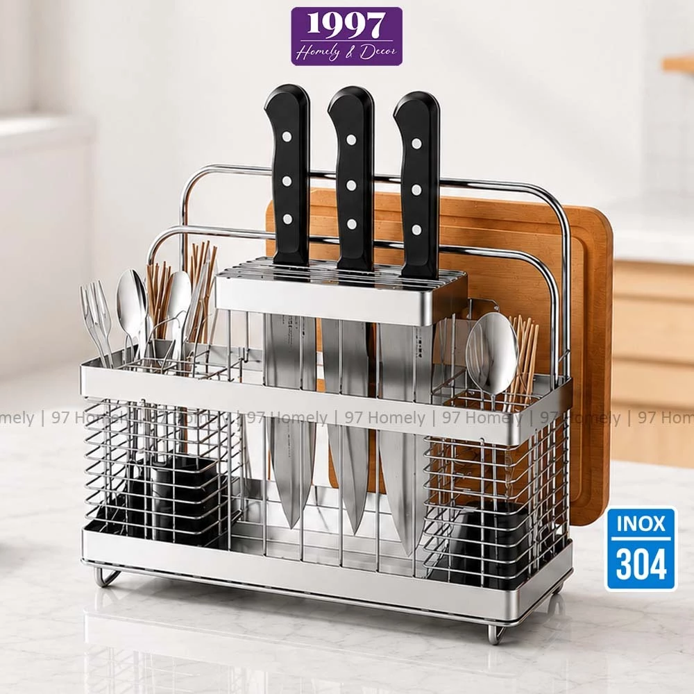 Kệ Đựng Dao Thớt Thìa Đũa Nhà Bếp Inox 304 Chống Gỉ 2 Ống Đũa Có Khay Hứng Nước 97HOMELY DT240310101