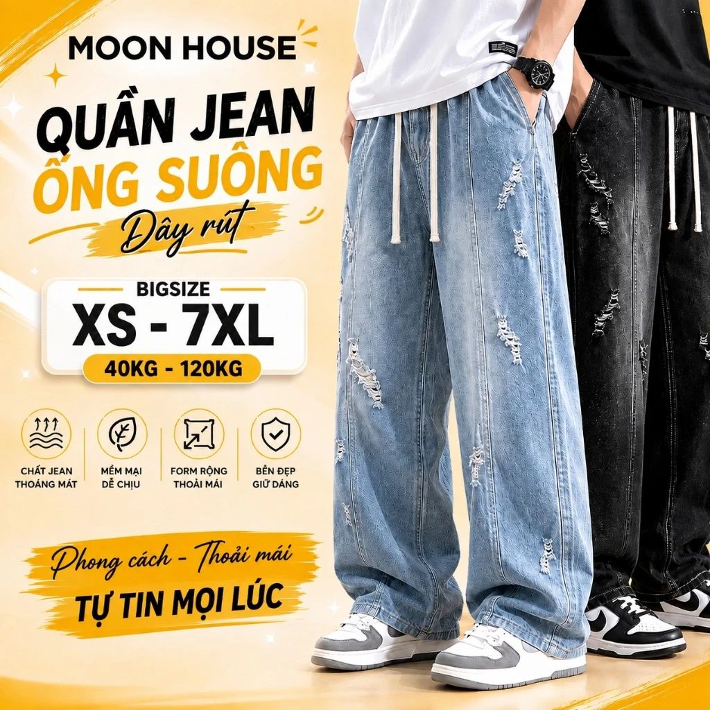 [CÓ BIGSIZE] Quần jean ống rộng nam nữ cạp chun bigsize SUN mã 09 năng động cá tính, kiểu dáng Hàn