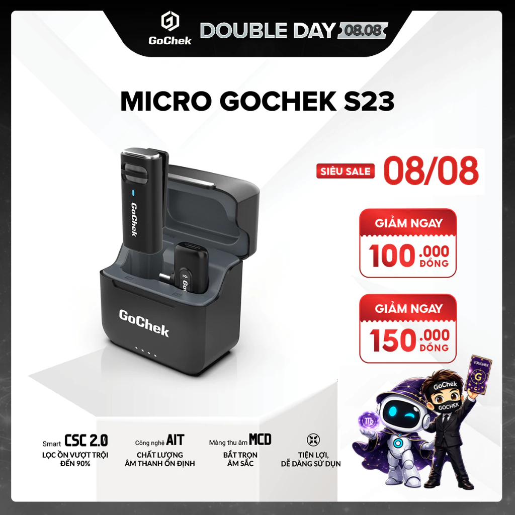 Micro Thu Âm Không Dây GoChek S23 – Kèm Dock Sạc, Lọc Tạp Âm, Dùng Cho Điện Thoại/Máy Tính