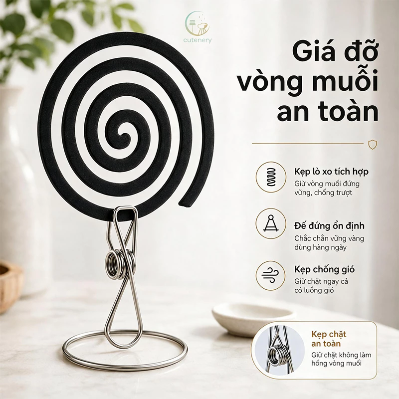 Kẹp lò xo bằng thép không gỉ tích hợp giá đỡ nhang muỗi, kẹp đa năng chống gió