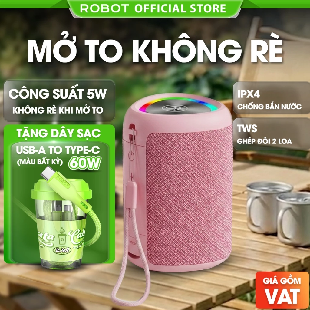 Loa Bluetooth Mini ROBOT RB120 Hồng Matte phiên bản giới hạn Công Suất 5W Đèn Led RGB BH 12 Thá