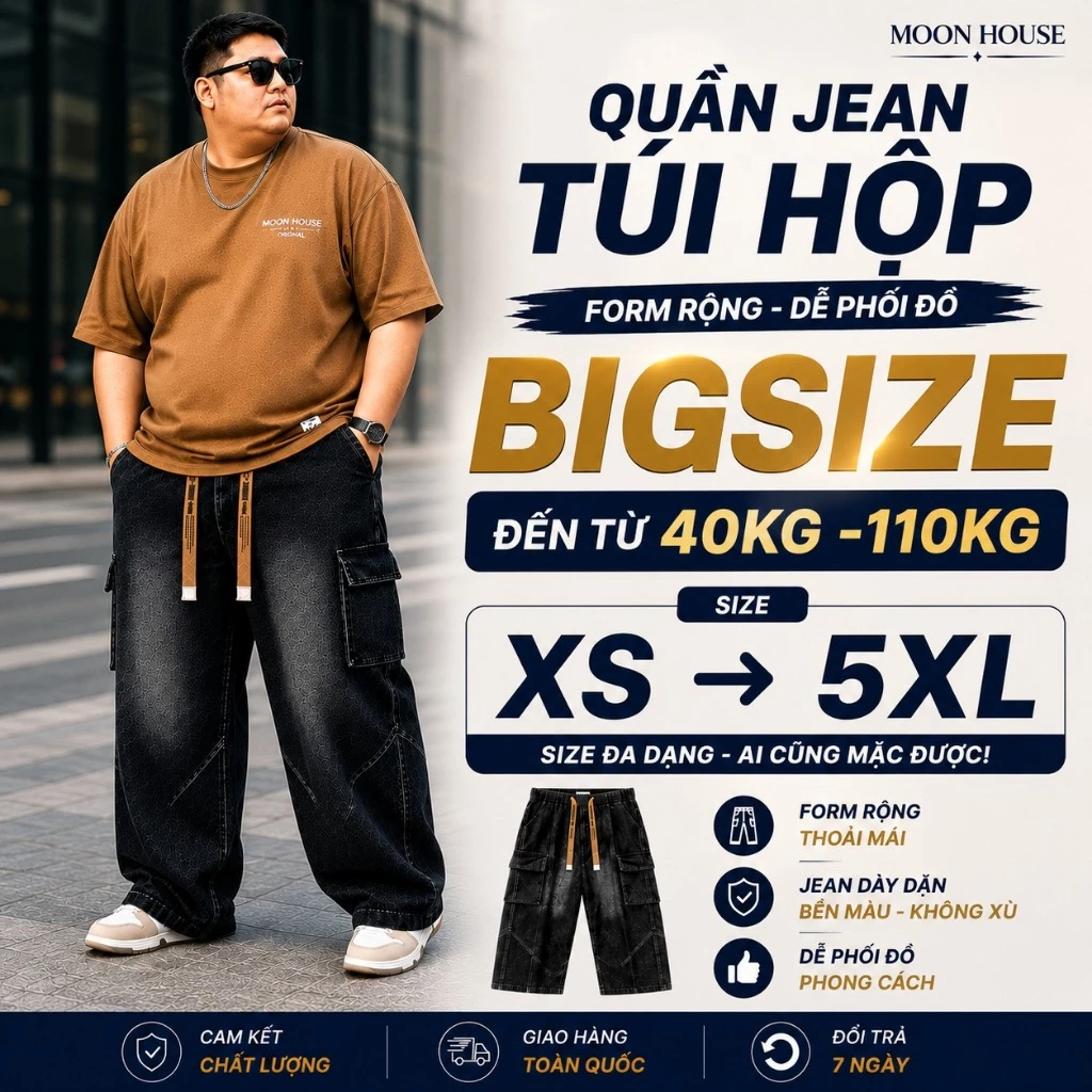 [ CÓ BIGSIZE] Quần jean ống rộng nam nữ túi hộp MOON HOUSE 115 Màu Đen Than basic thoải mái trẻ trung năng động