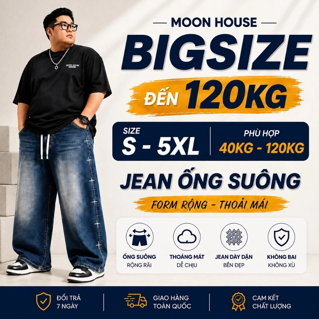 [ CÓ BIGSIZE ] Quần jean ống rộng nam nữ thêu MOON HOUSE 08 Màu Xanh Thêu phong cách hàn quốc