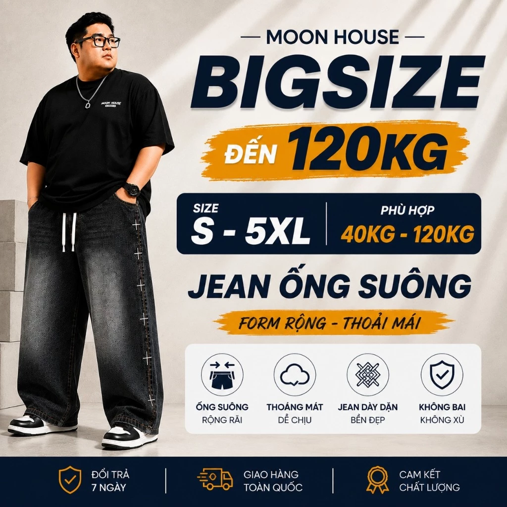 [ CÓ BIGSIZE ] Quần jean ống rộng nam nữ thêu bigsize MOON HOUSE 08 Màu Khói Thêu, phong cách hàn quốc