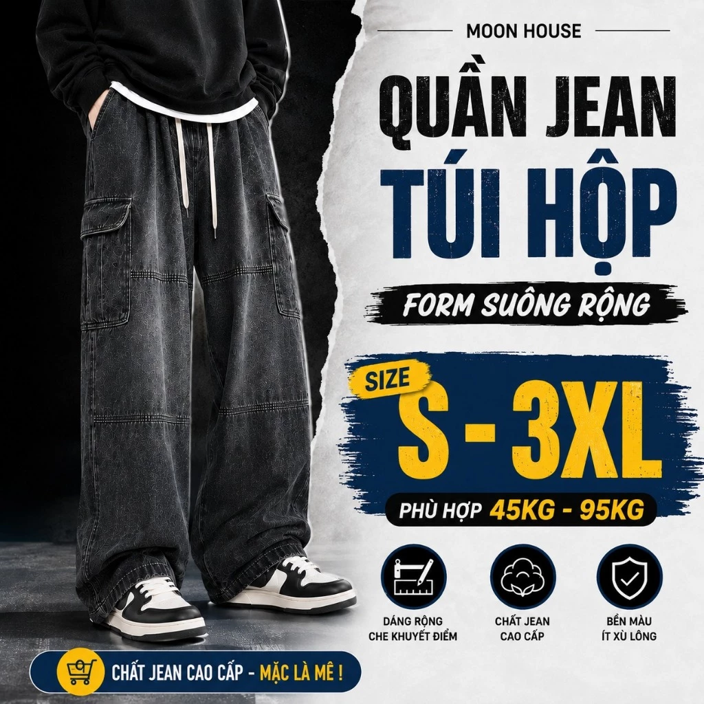 Quần jean túi hôp nam nữ baggy ống rộng MOON HOUSE 116 Màu Khói Wash Menswear Có Túi Pants