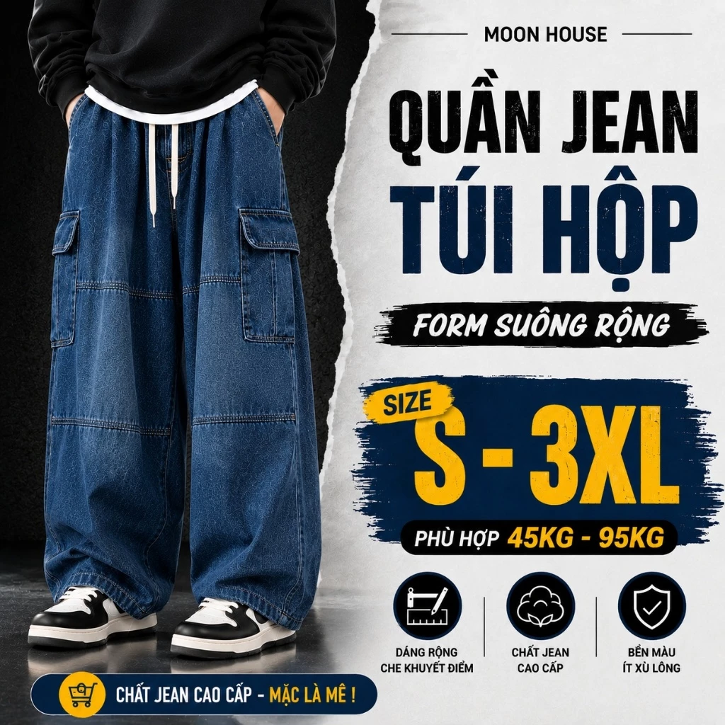Quần jean túi hôp nam nữ baggy ống rộng MOON HOUSE 116 Màu Xanh Đậm Wash Menswear Có Túi Pants