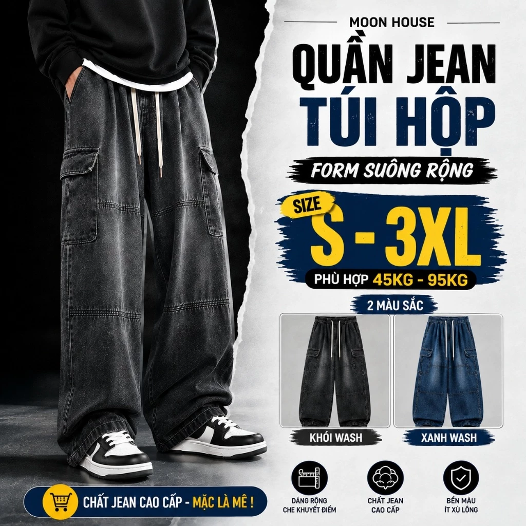 Quần jean túi hôp nam nữ baggy ống rộng MOON HOUSE 116 Menswear Có Túi Pants