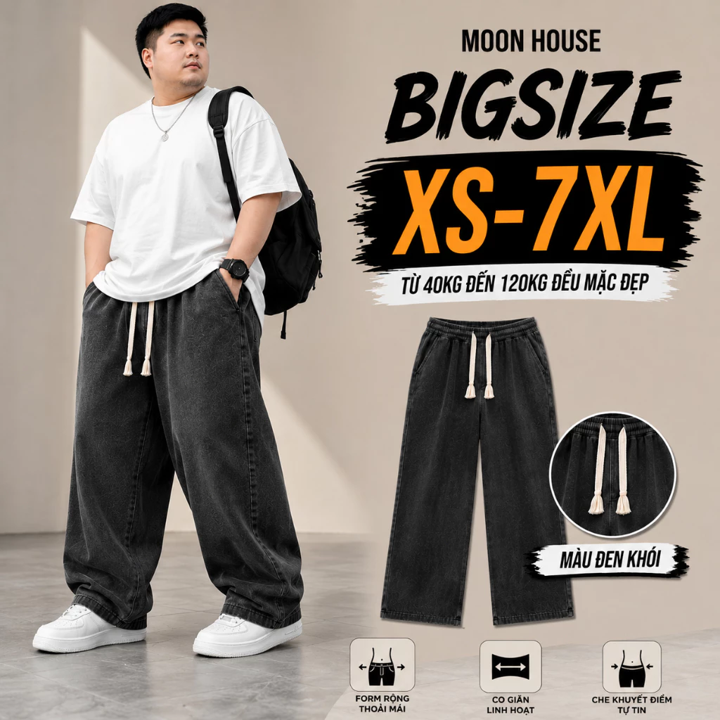 [ CÓ BIGSIZE ] Quần jean ống suông cạp chun bigsize nam nữ MH 09 MÀU ĐEN KHÓI thoải mái