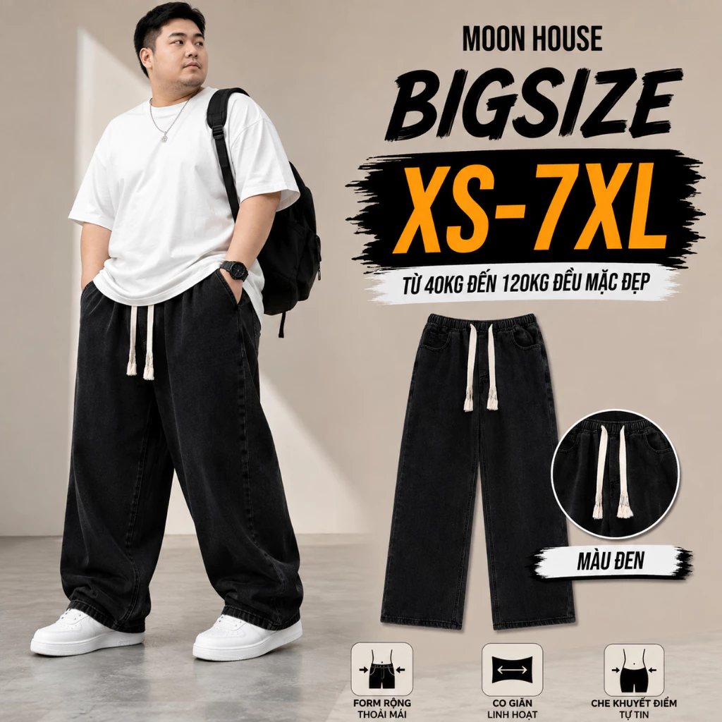 [CÓ BIGSIZE] Quần jean ống suông cạp chun bigsize nam nữ MH 09 MÀU ĐEN thoải mái dễ phối đồ