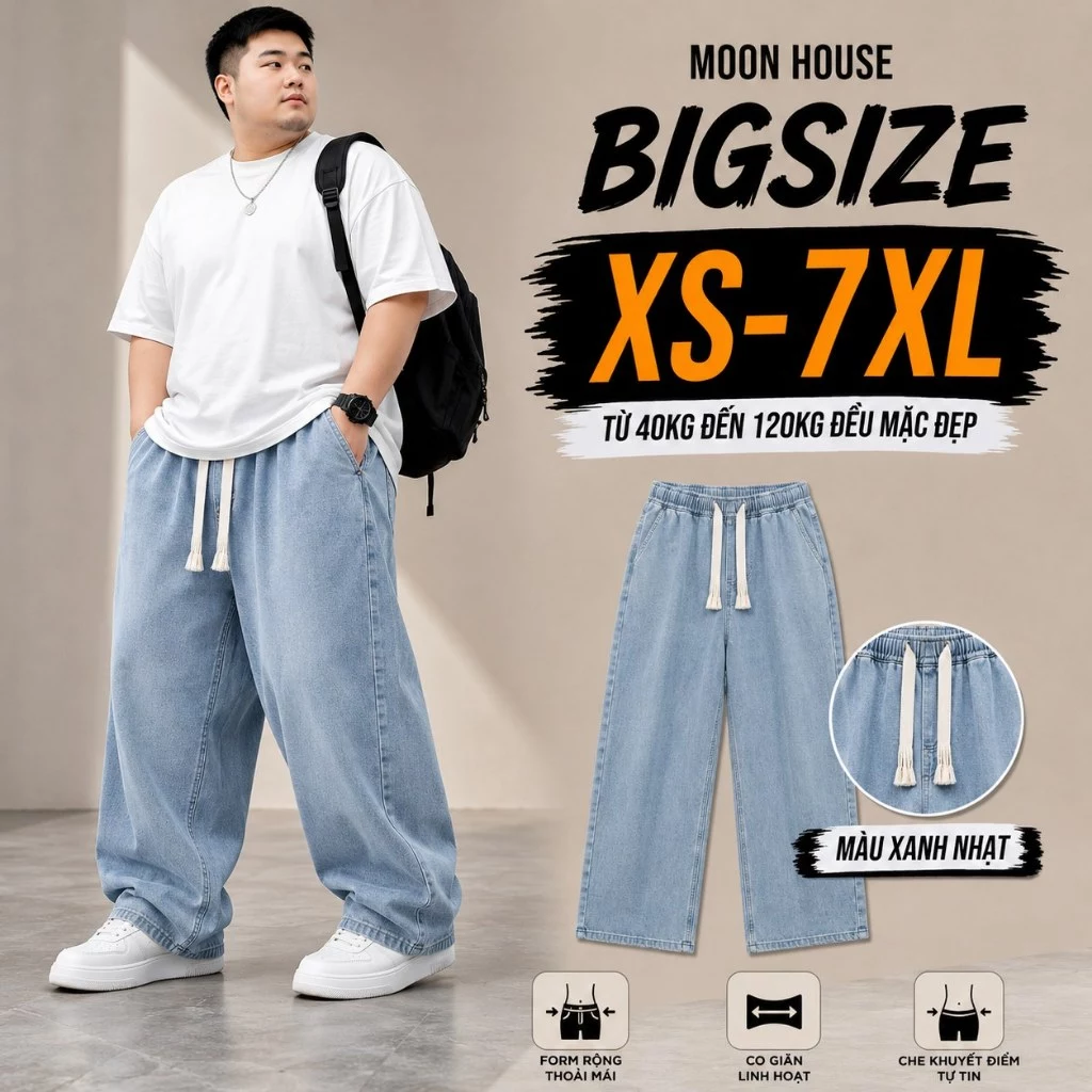 [CÓ BIGSIZE ]Quần jean ống suông cạp chun bigsize nam nữ MH 09 MÀU XANH NHẠT thoải mái, dễ phối đồ