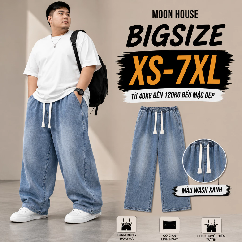 [ CÓ BIGSIZE]Quần jean ống suông cạp chun bigsize nam nữ MH 09 MÀU WASH XANH thoải mái, dễ phối đồ