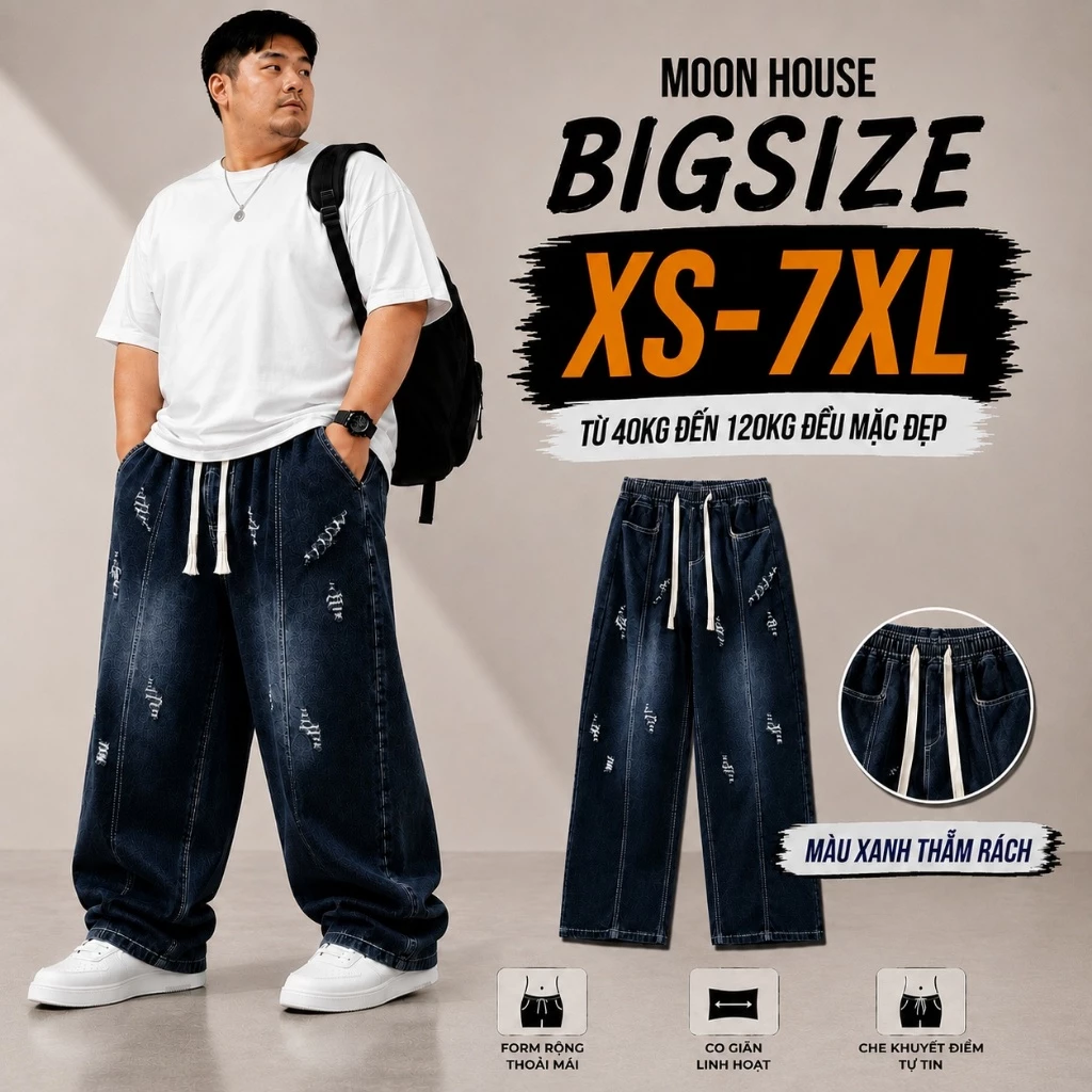 [ CÓ BIGSIZE ] Quần jean ống suông cạp chun bigsize nam nữ MH 09 MÀU XANH THẪM RÁCH thoải mái