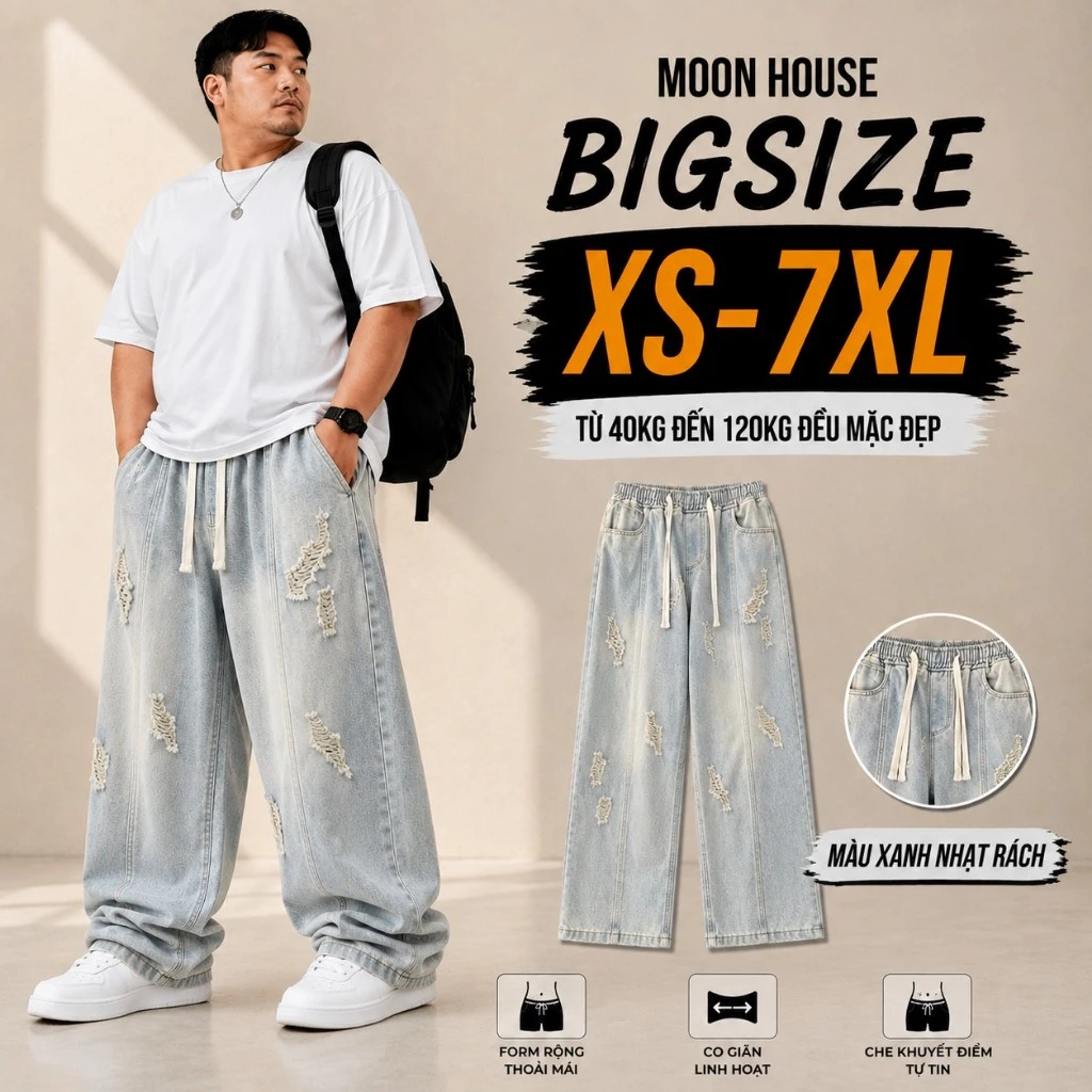 [ CÓ BIGSIZE ] Quần jean ống suông cạp chun bigsize nam nữ MH 09 MÀU XANH RÁCH thoải mái