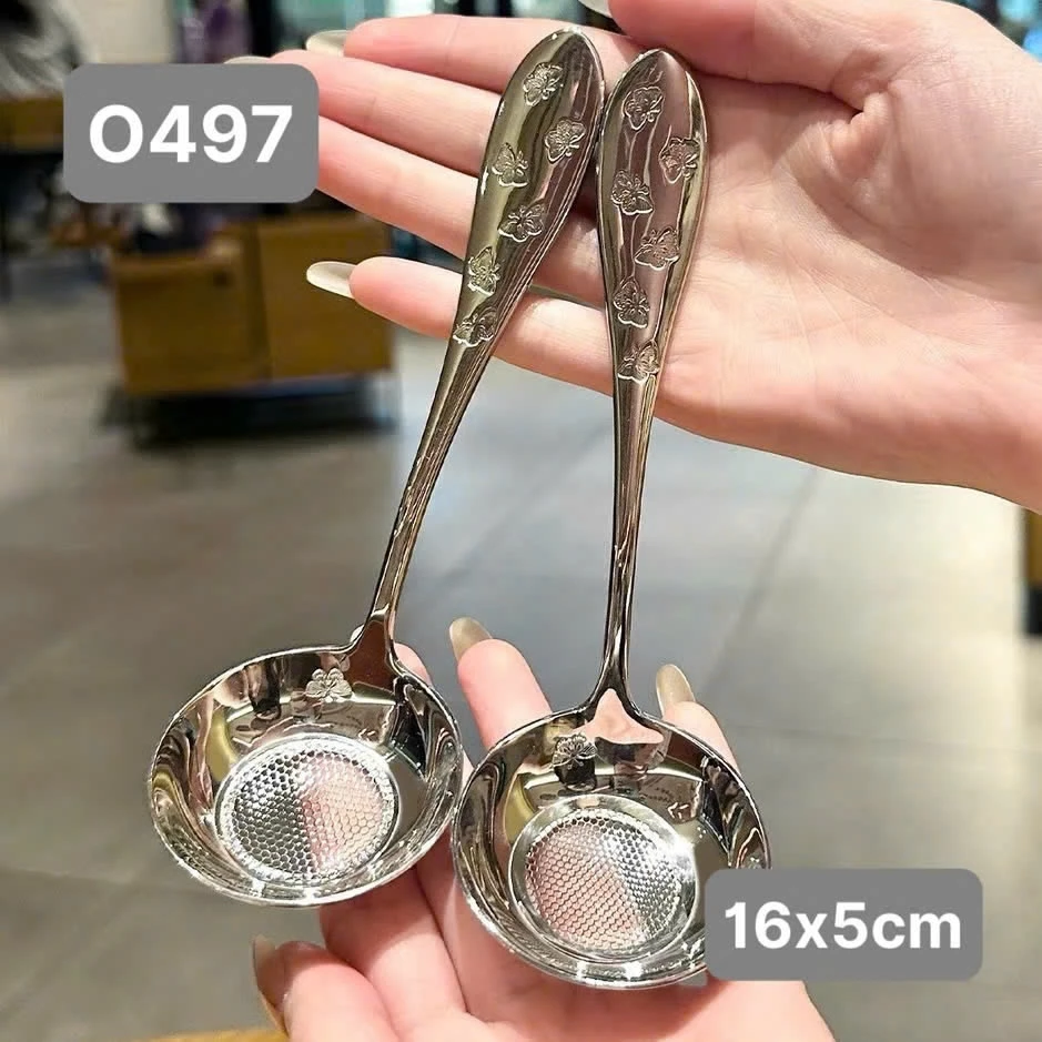 Thìa lọc hạt chanh đầu tròn cán khắc Oyatton inox 18/10 vớt váng bọt đúc liền nguyên khối